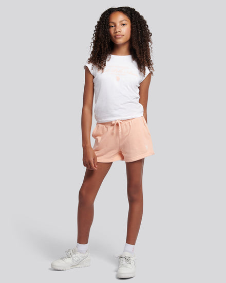 Girls Script Graphic T-Shirt & Sweat Short Set in Peach Nectar