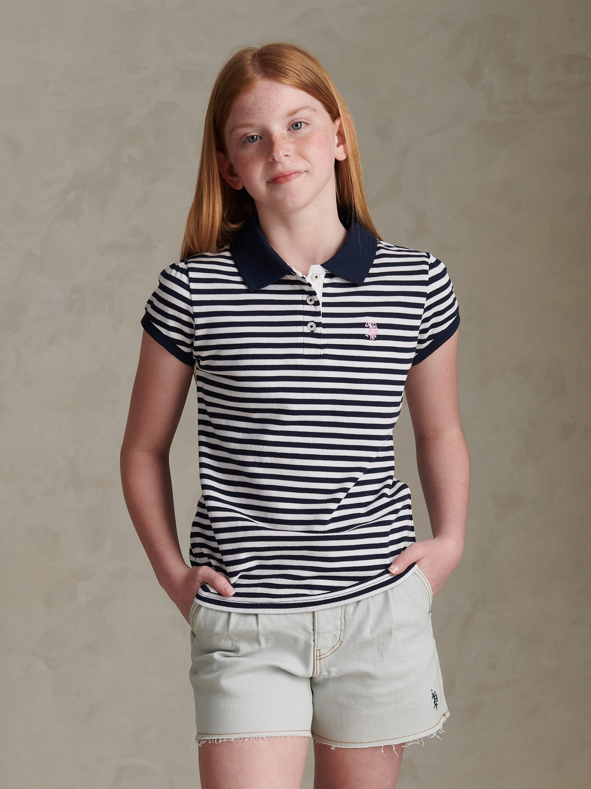 Girls Stripe Cap Sleeve Pique Polo Shirt Navy Iris