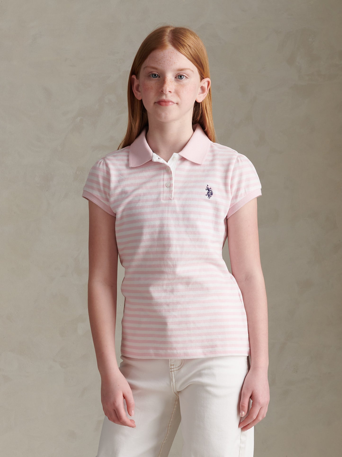 Girls Stripe Cap Sleeve Pique Polo Shirt Pink Tulle