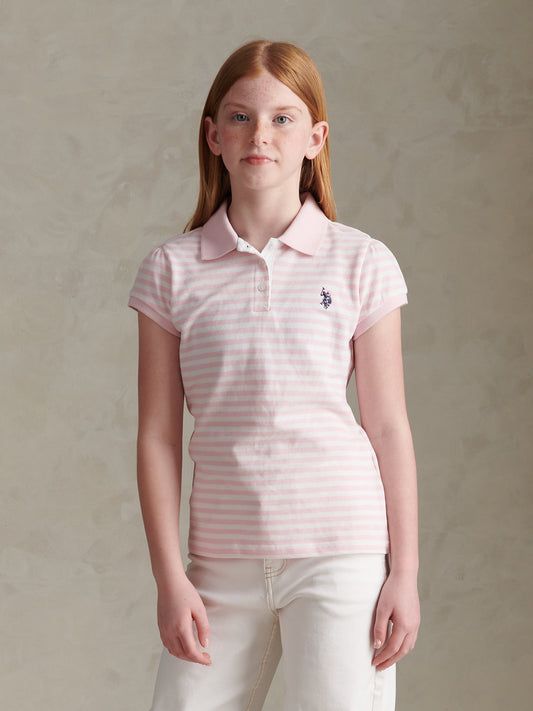 Girls Stripe Cap Sleeve Pique Polo Shirt Pink Tulle