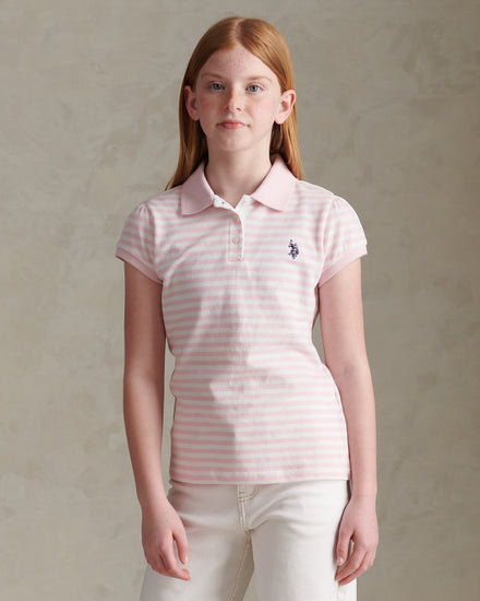 Girls Stripe Cap Sleeve Pique Polo Shirt Pink Tulle