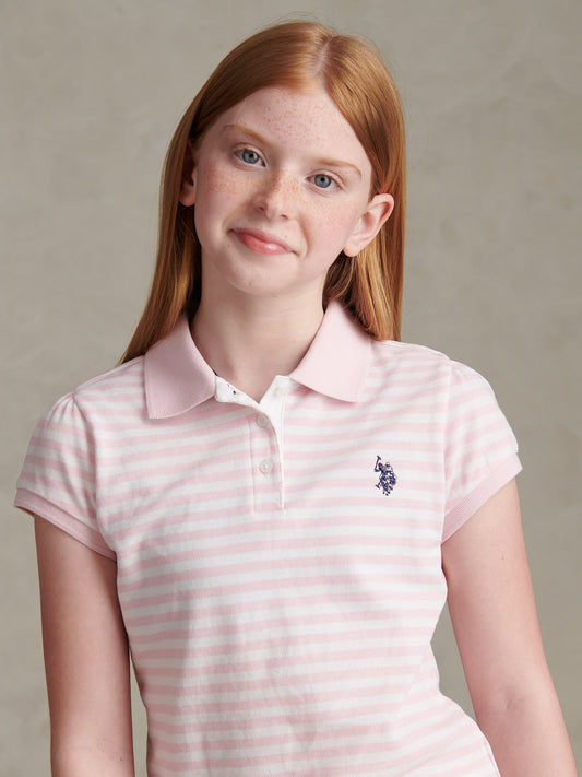 Girls Stripe Cap Sleeve Pique Polo Shirt Pink Tulle