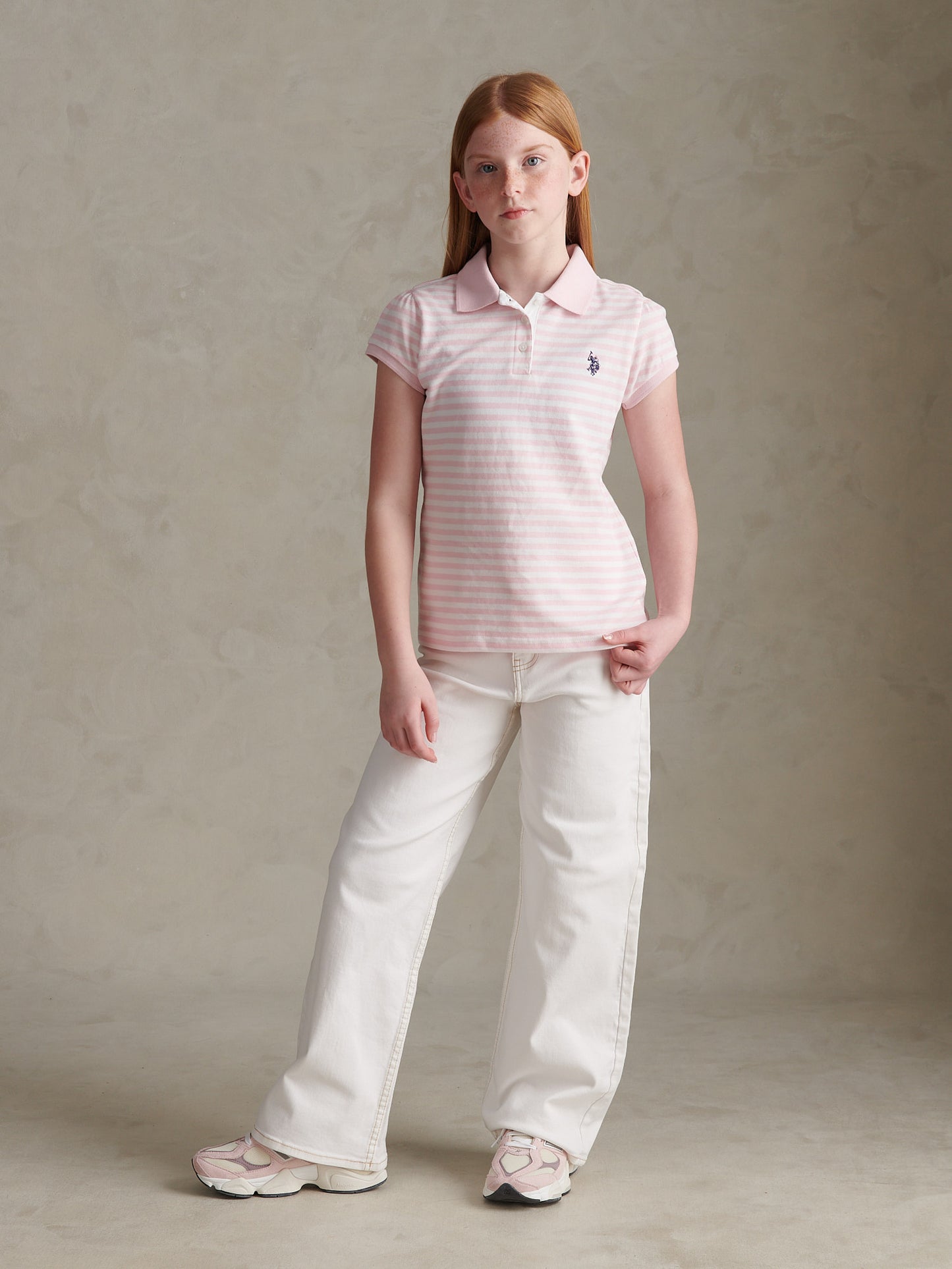 Girls Stripe Cap Sleeve Pique Polo Shirt Pink Tulle
