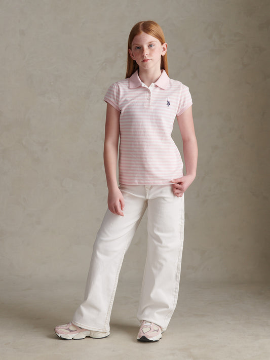 Girls Stripe Cap Sleeve Pique Polo Shirt Pink Tulle