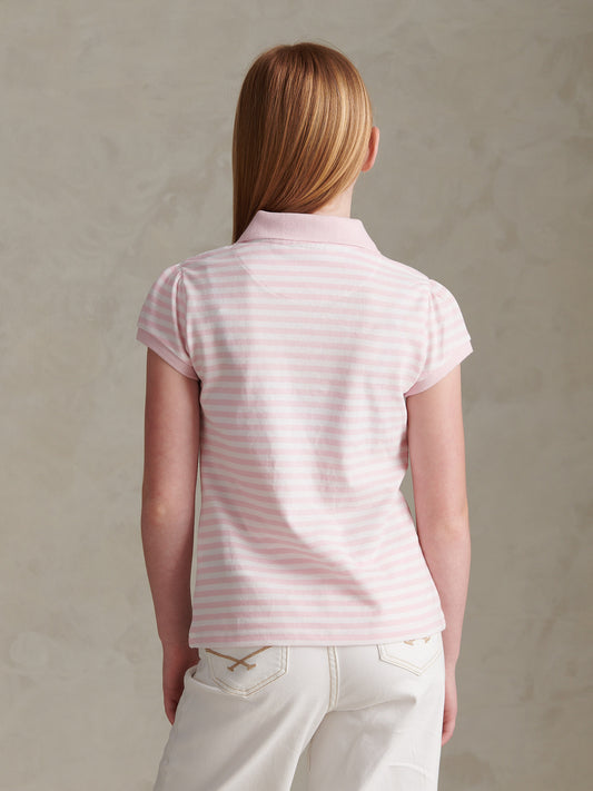 Girls Stripe Cap Sleeve Pique Polo Shirt Pink Tulle