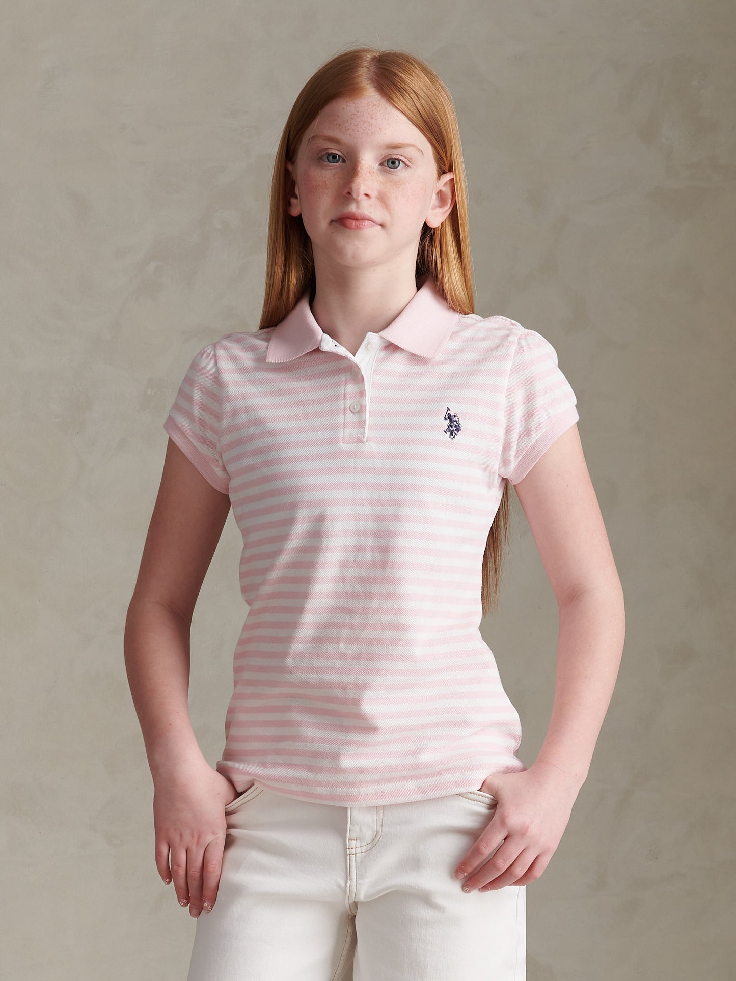 Girls Stripe Cap Sleeve Pique Polo Shirt Pink Tulle