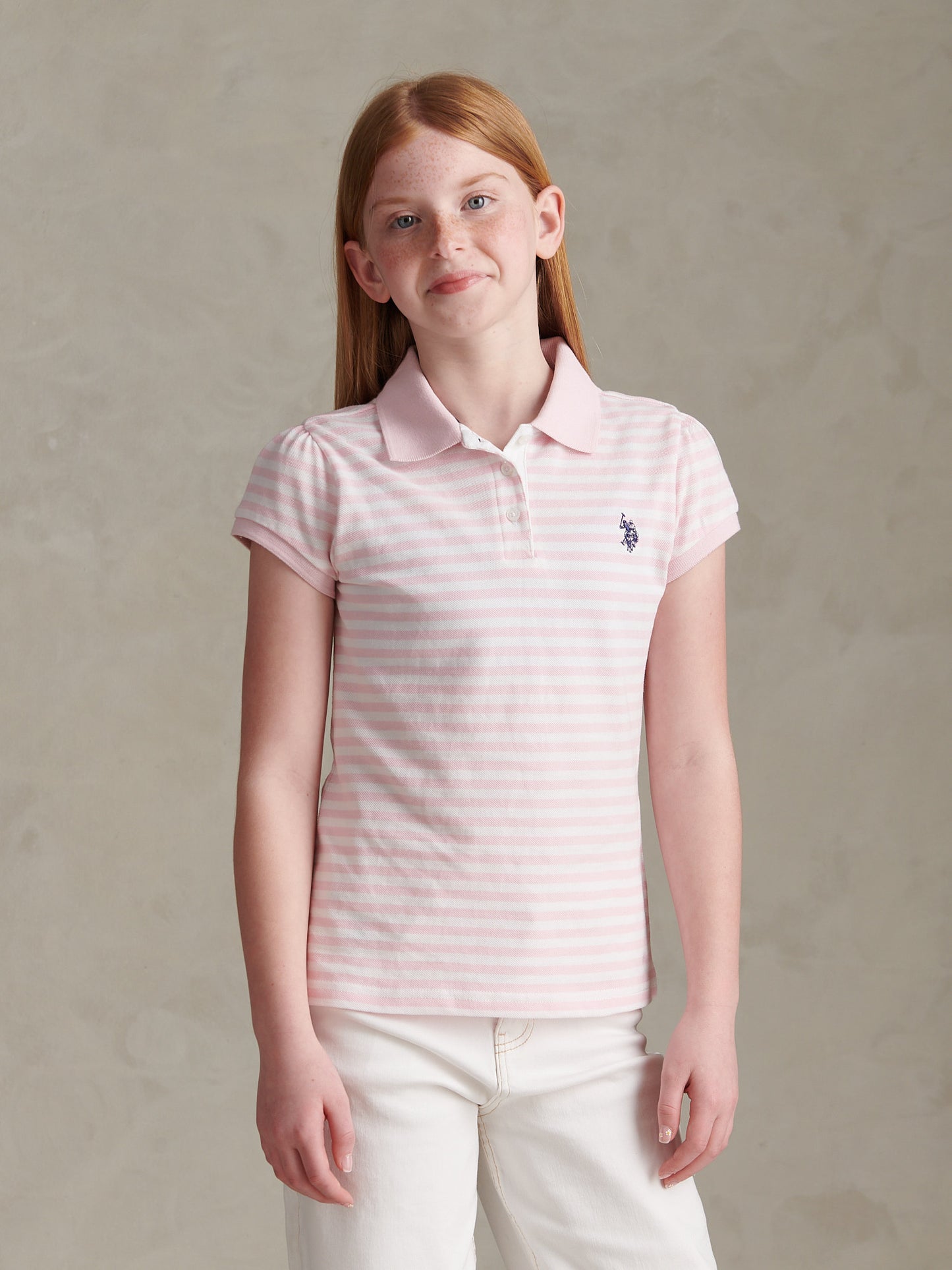 Girls Stripe Cap Sleeve Pique Polo Shirt Pink Tulle
