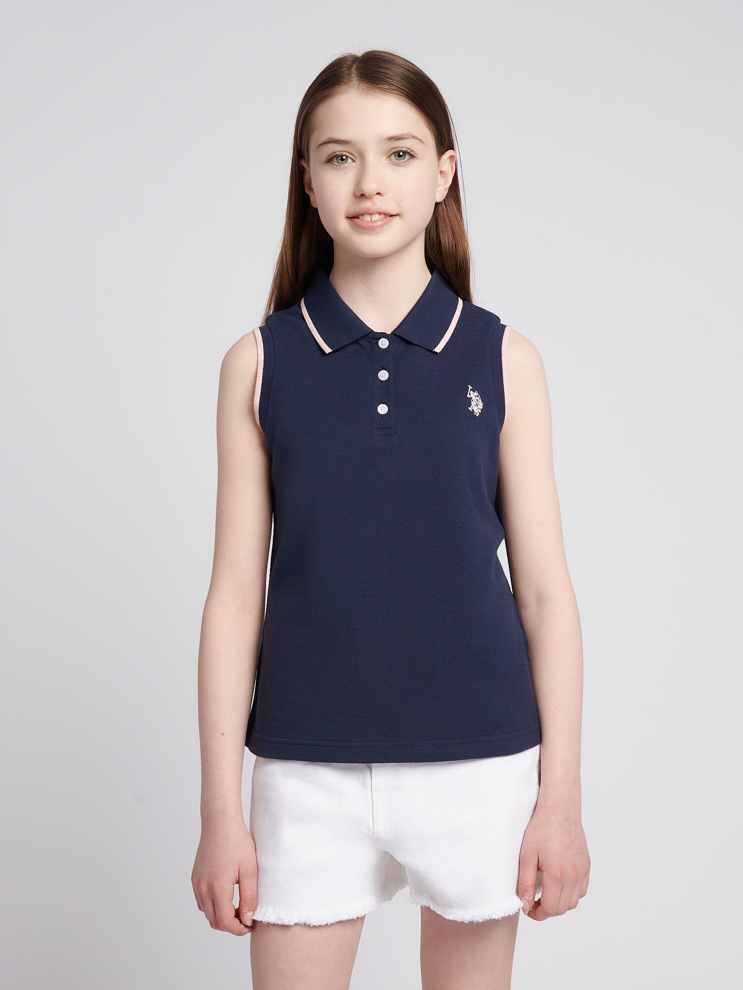 Girls Sleeveless Polo Shirt in Navy Iris