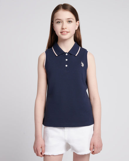 Girls Sleeveless Polo Shirt in Navy Iris