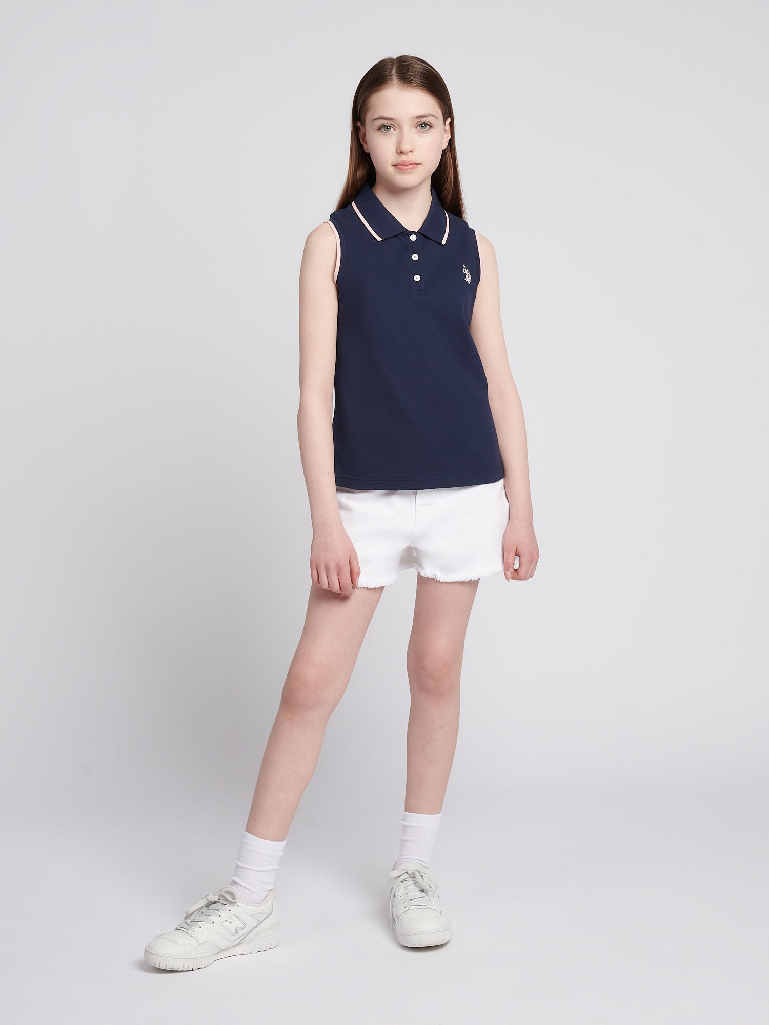 Girls Sleeveless Polo Shirt in Navy Iris