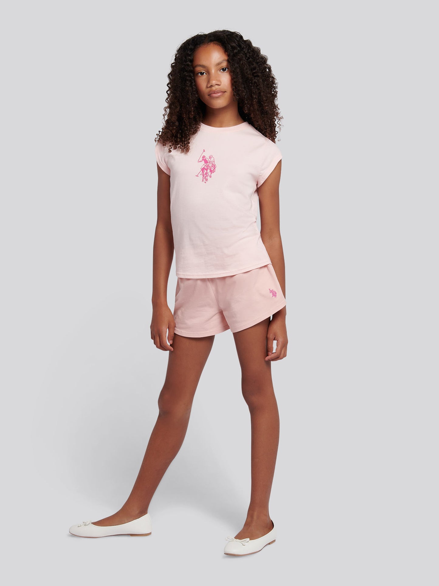 Girls Double Horsemen Top & Pique Short Set in Crystal Rose