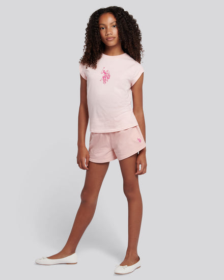 Girls Double Horsemen Top & Pique Short Set in Crystal Rose