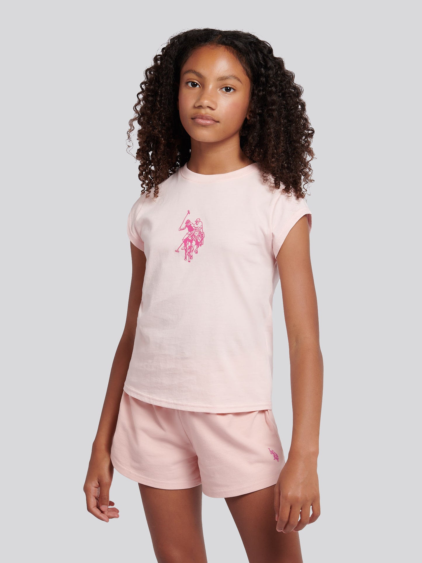 Girls Double Horsemen Top & Pique Short Set in Crystal Rose