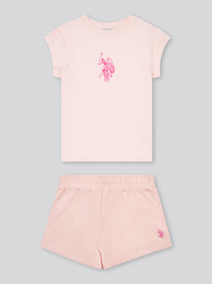 Girls Double Horsemen Top & Pique Short Set in Crystal Rose
