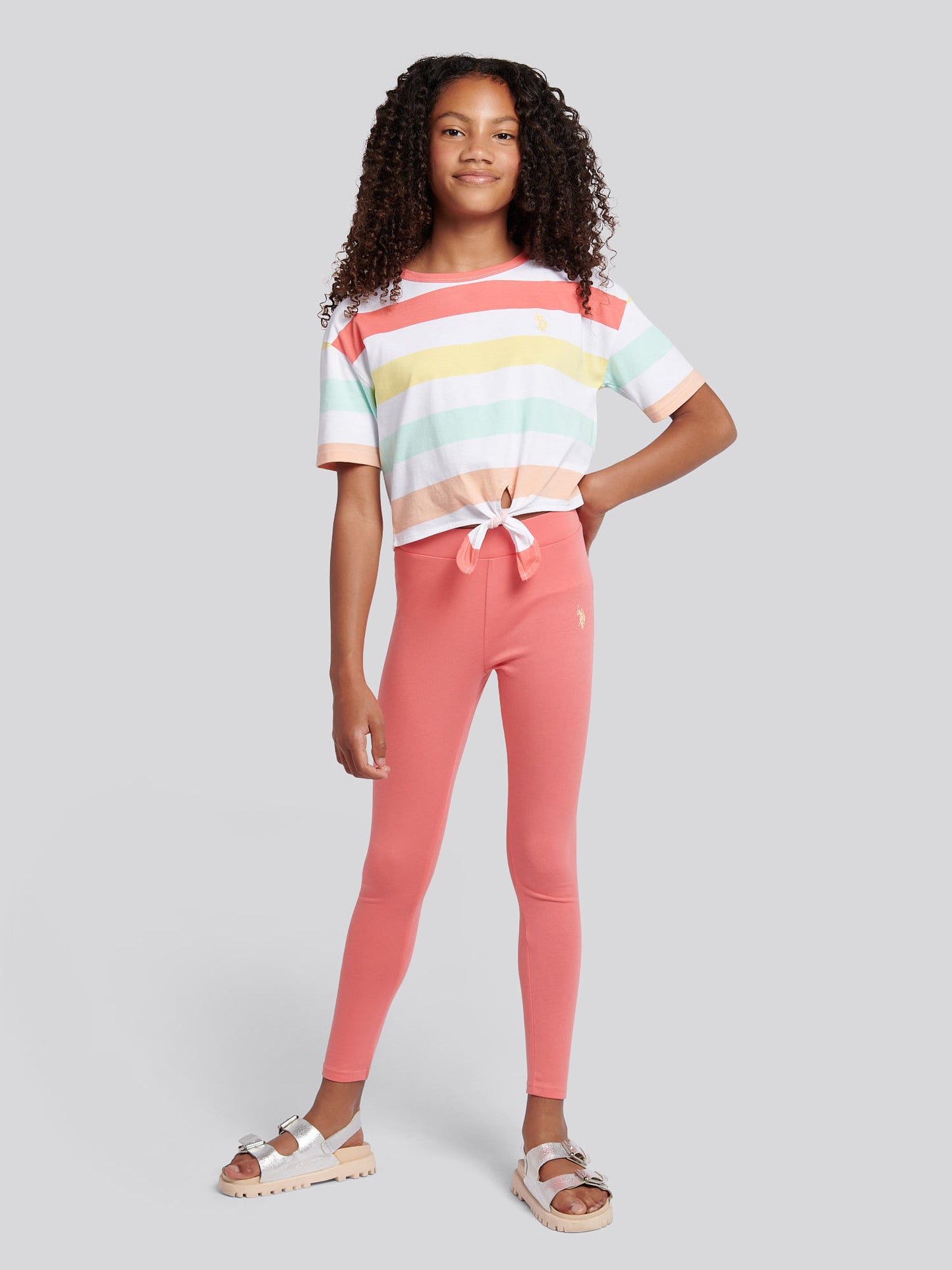 Girls Stripe T-Shirt & Legging Set in Sugar Coral