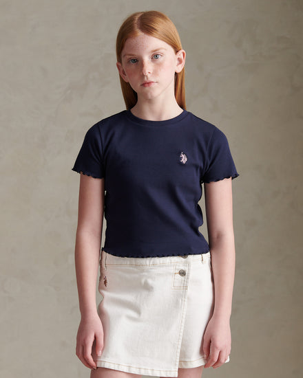 Girls Lettuce Hem Logo T-Shirt Navy Iris