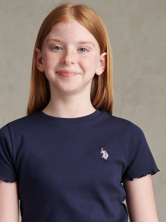 Girls Lettuce Hem Logo T-Shirt Navy Iris
