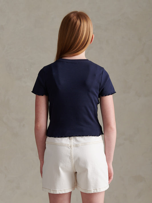 Girls Lettuce Hem Logo T-Shirt Navy Iris