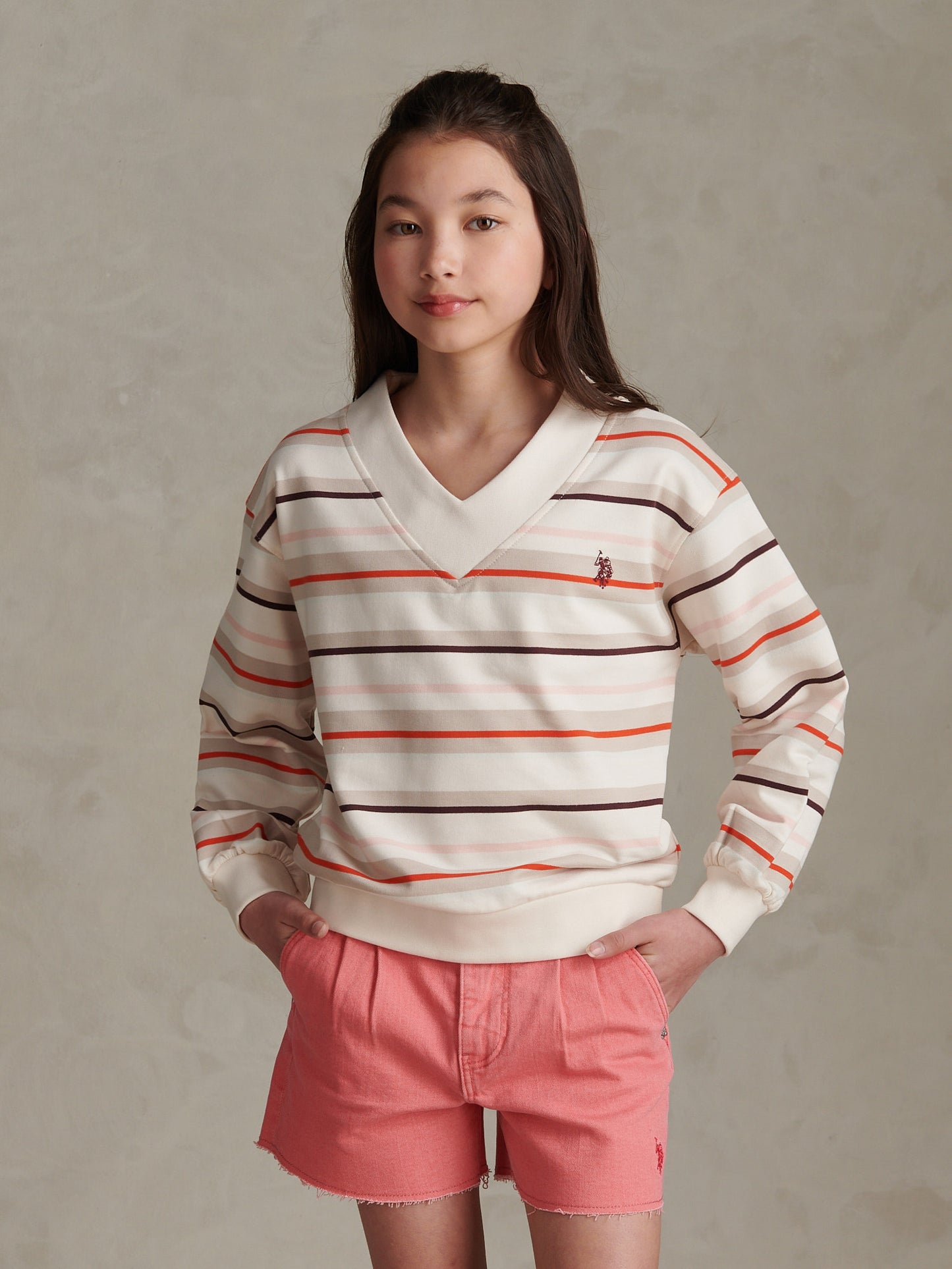 Girls Stripe Logo V-Neck Sweatshirt Pumice Stone
