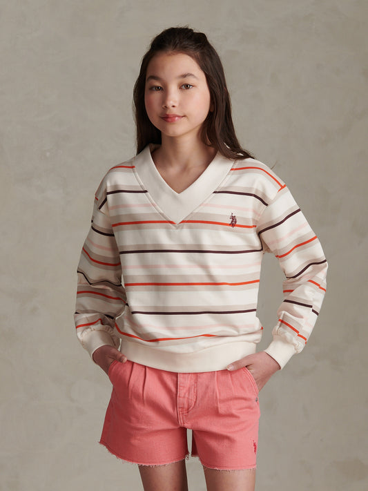 Girls Stripe Logo V-Neck Sweatshirt Pumice Stone