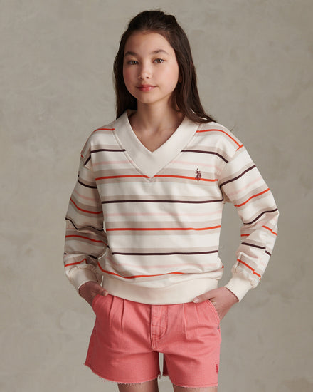 Girls Stripe Logo V-Neck Sweatshirt Pumice Stone