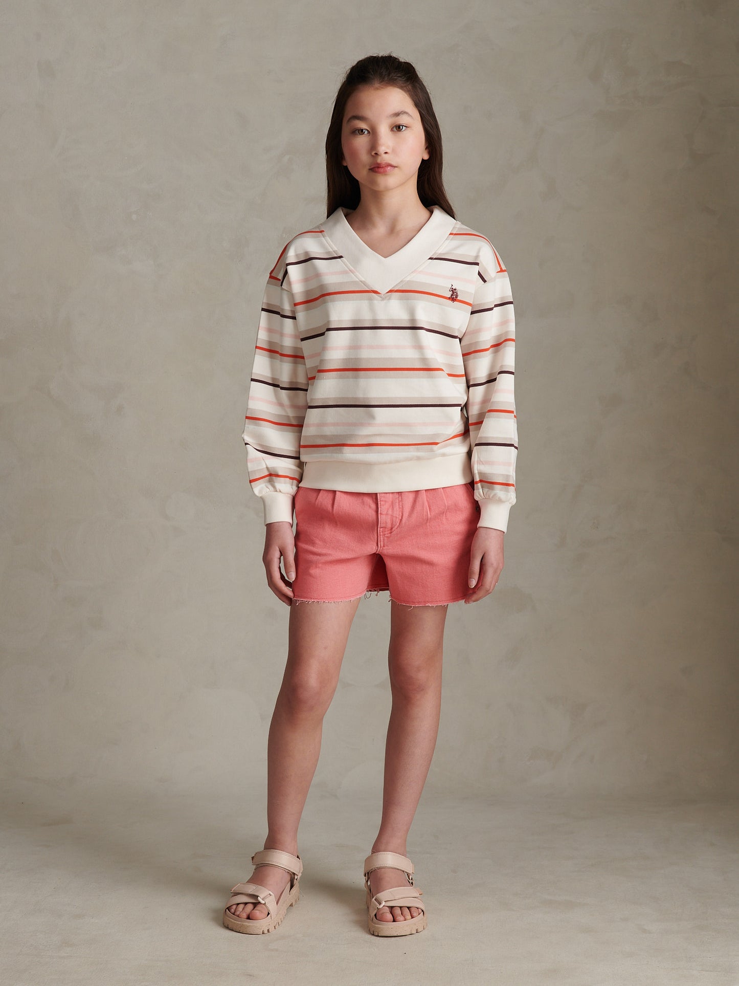 Girls Stripe Logo V-Neck Sweatshirt Pumice Stone