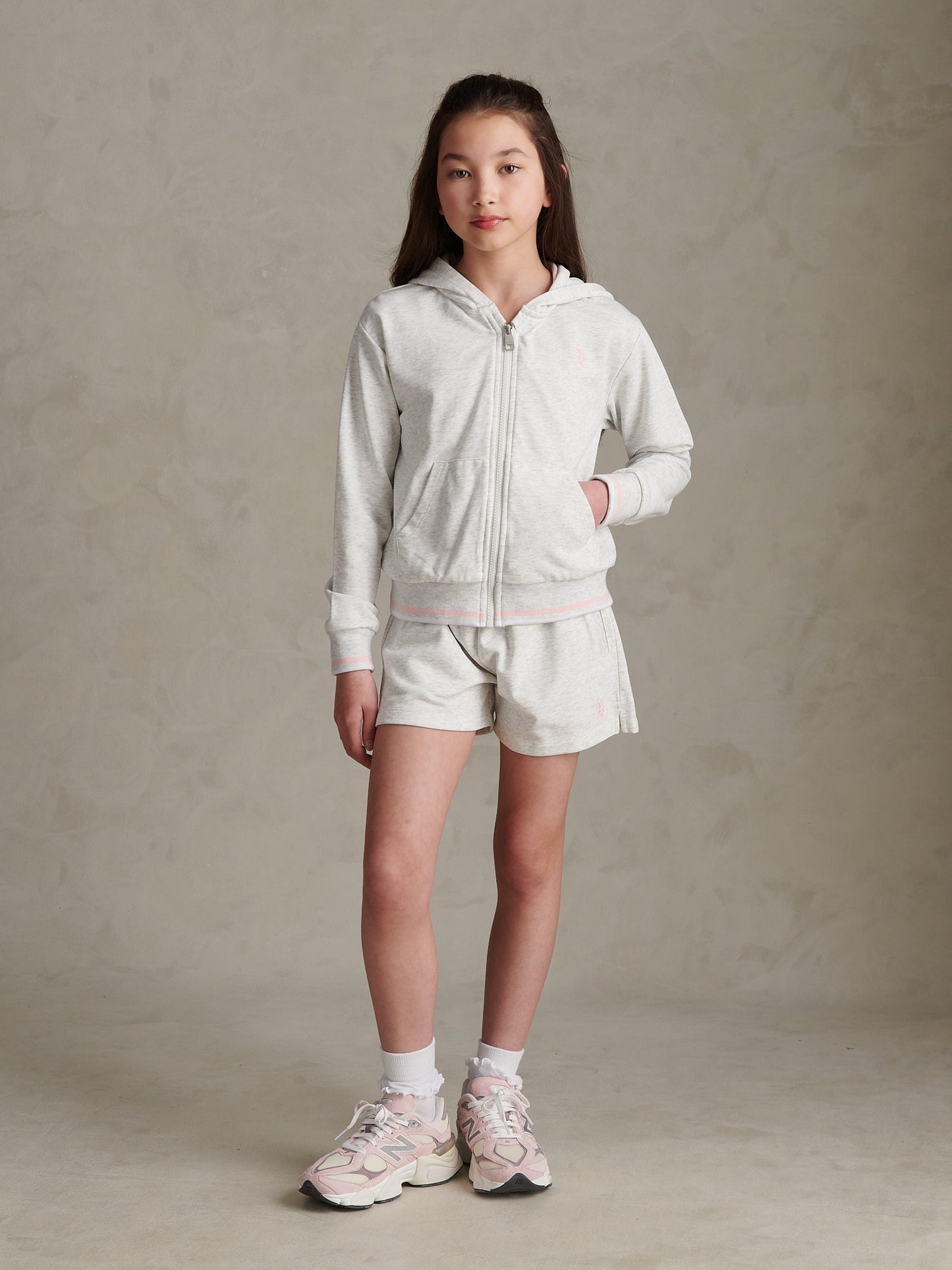 Girls Zip Hoodie & Short Set Light Grey Marl WUP