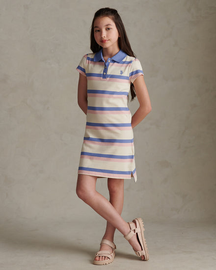 Girls Tri Colour Stripe Polo Dress Open Air