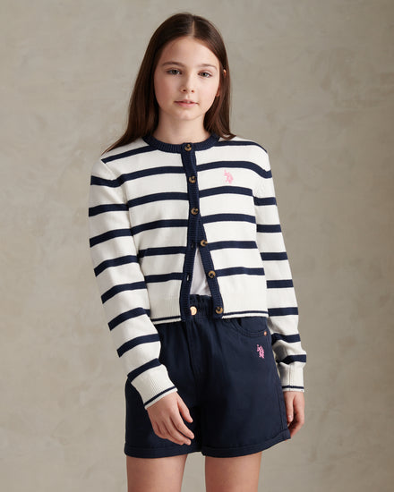 Girls Striped Knit Cardigan Bright White