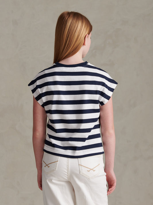 Girls Striped Cap Sleeve Tank Top Navy Iris