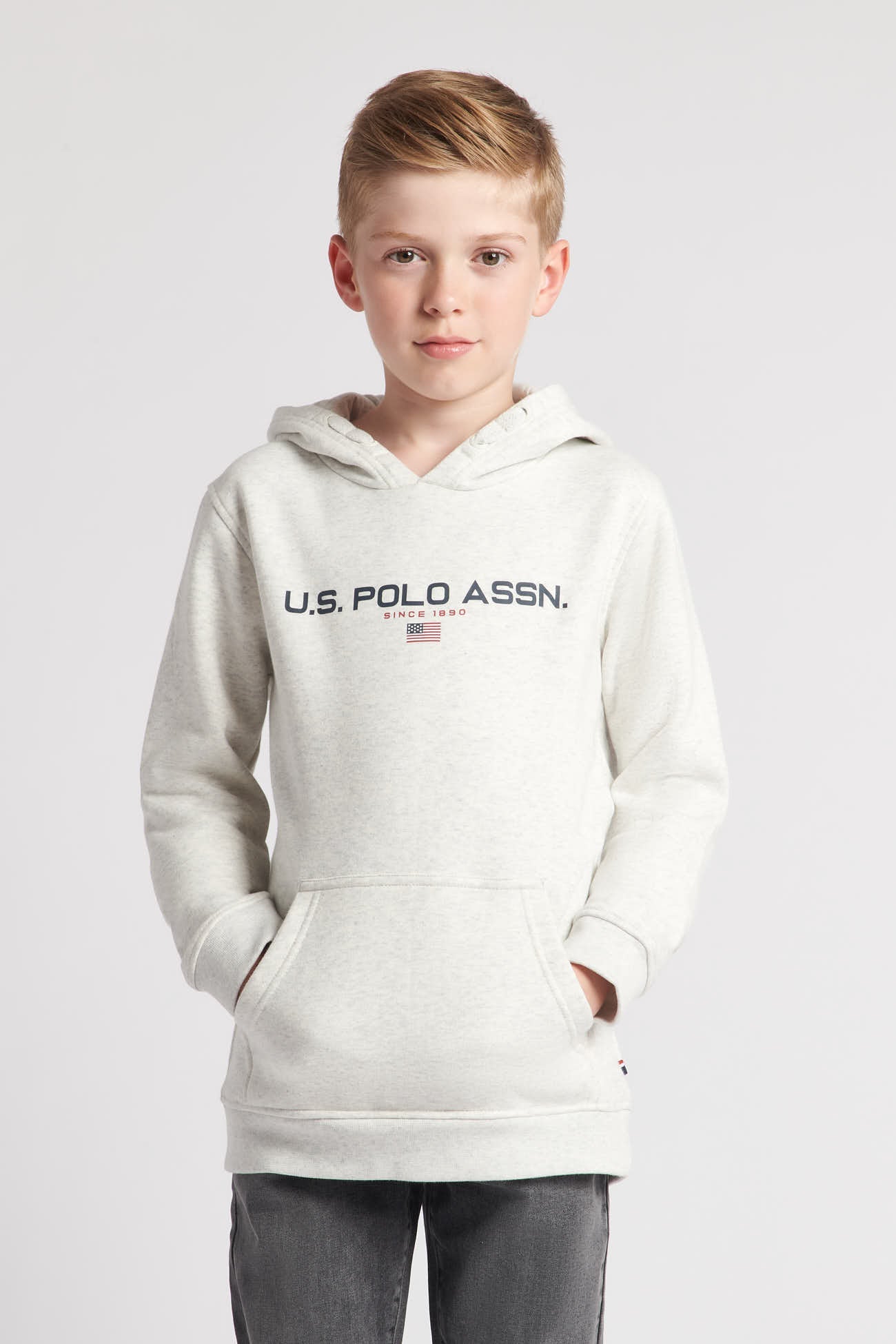 U.S. Polo Assn. Boys Block Flag Graphic Hoodie in Light Grey Marl