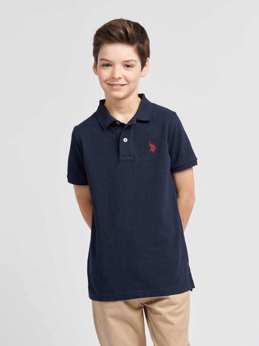 Boys Double Horsemen Polo Shirt in Dark Sapphire Navy / Haute Red DHM