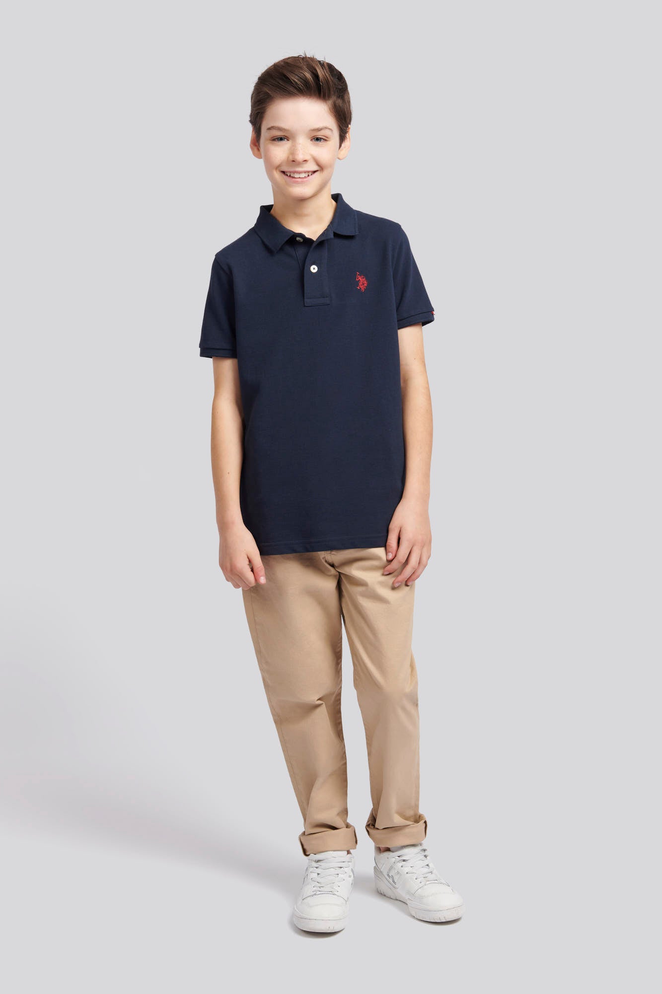 Boys Pique Polo Shirt in Dark Sapphire Navy / Haute Red DHM