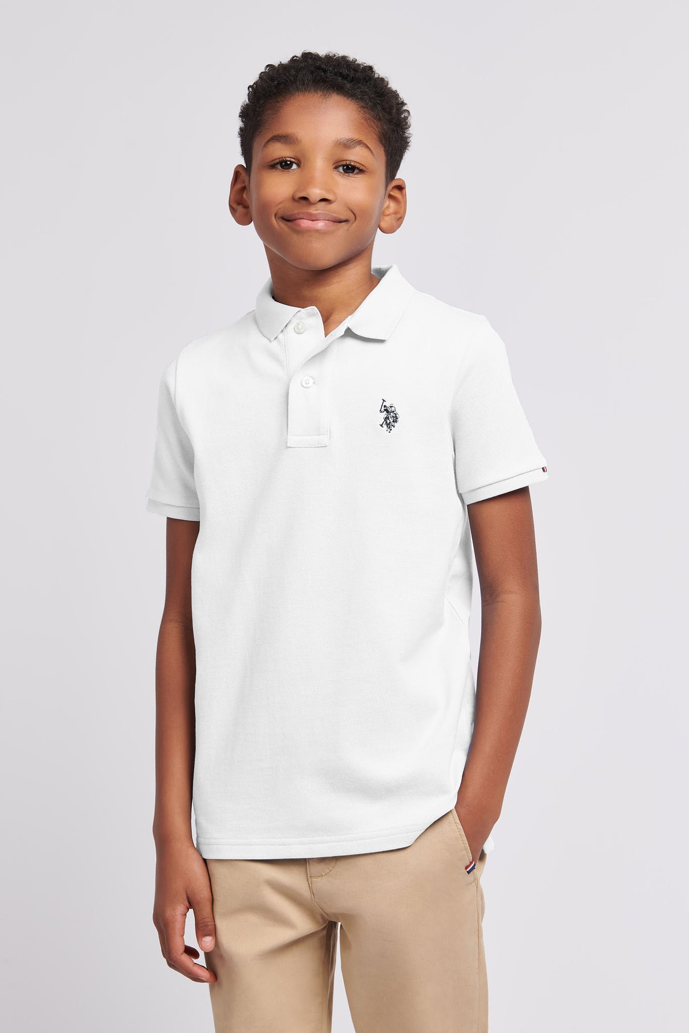 Boys Pique Polo Shirt in White / Dark Sapphire Navy DHM