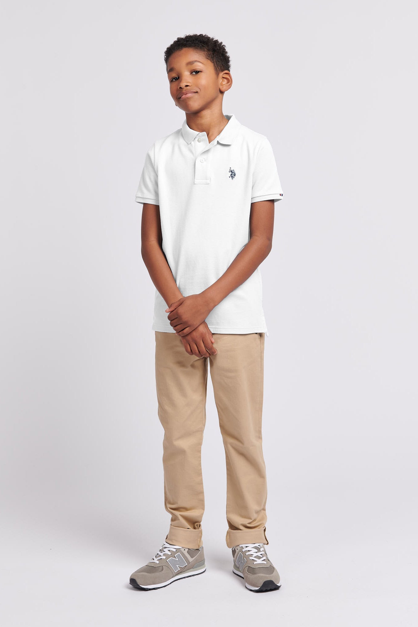 Boys Pique Polo Shirt in White / Dark Sapphire Navy DHM