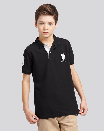 Boys Player 3 Polo Shirt in Black Bright White DHM
