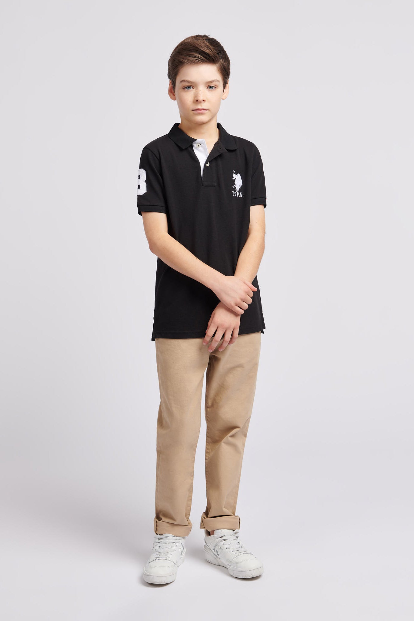 Boys Player 3 Pique Polo Shirt in Black Bright White DHM