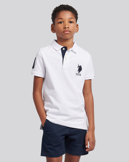 Boys Player 3 Polo Shirt in White / Dark Sapphire Navy DHM