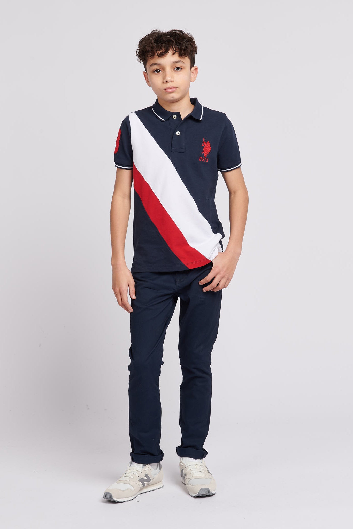 Boys Player 3 Sash Polo Shirt in Dark Sapphire Navy / Haute Red DHM