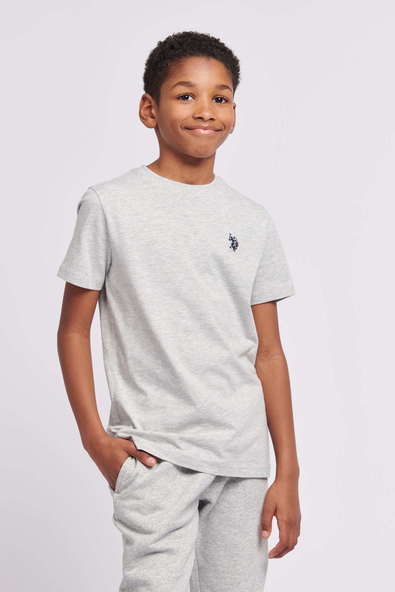 Boys Double Horsemen T-Shirt in Mid Grey Marl