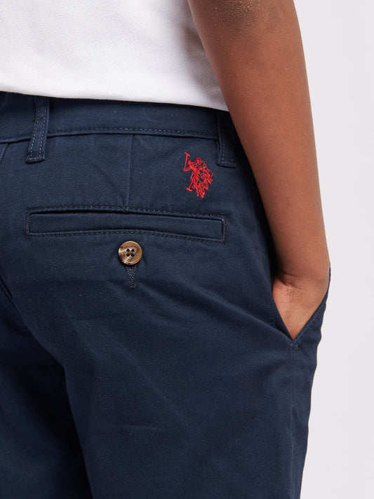 Boys Classic Chino Shorts in Dark Sapphire Navy / Haute Red DHM