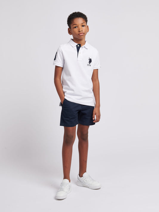Boys Classic Chino Shorts in Dark Sapphire Navy / Haute Red DHM
