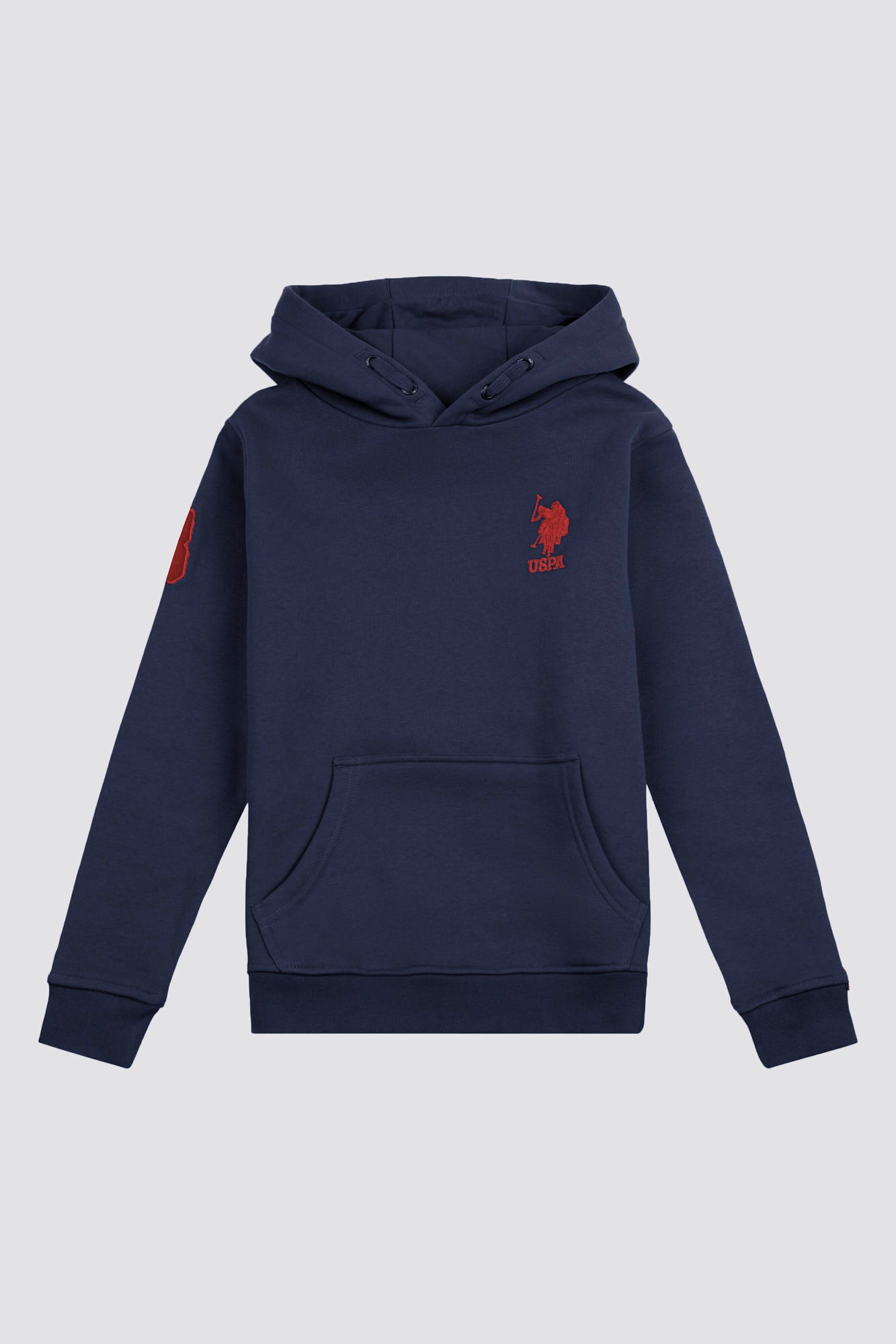 Boys Player 3 Brush Back Hoodie in Dark Sapphire Navy / Haute Red DHM