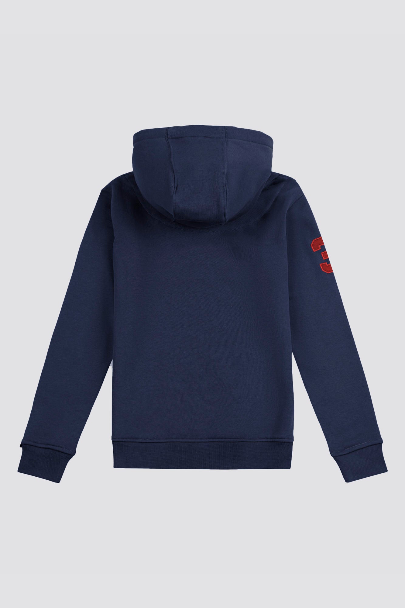 Boys Player 3 Brush Back Hoodie in Dark Sapphire Navy / Haute Red DHM