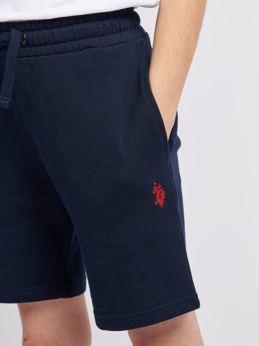 Boys Double Horsemen Sweat Short in Dark Sapphire Navy / Haute Red DHM