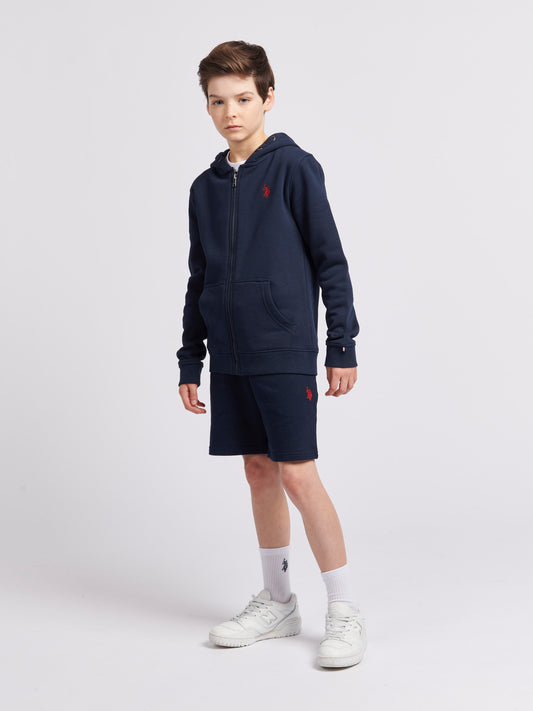 Boys Double Horsemen Sweat Short in Dark Sapphire Navy / Haute Red DHM