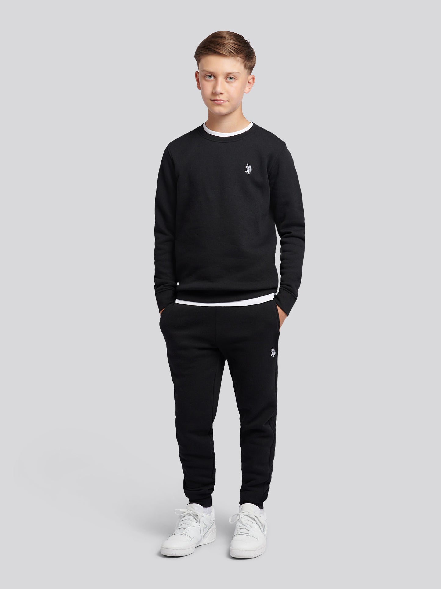 Boys Double Horsemen Crew & Jogger Set in Black Bright White DHM