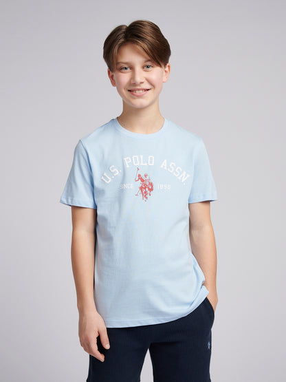 Boys Signature Arch Print T-Shirt in Chambray Blue