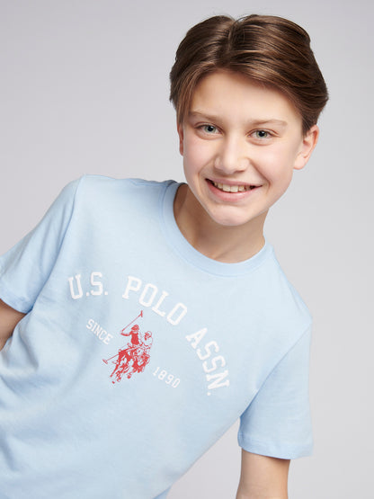 Boys Signature Arch Print T-Shirt in Chambray Blue