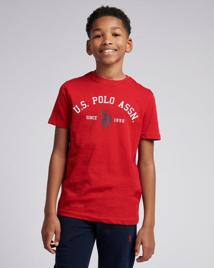 Boys Signature Arch Print T-Shirt in Haute Red